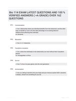 Bio 114 EXAM LATEST QUESTIONS AND 100 % VERIFIED ANSWERS ( +A GRADE) OVER 162 QUESTIONS
