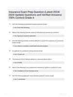 Insurance Exam Prep Question (Latest 2024/ 2024 Update) Questions and Verified Answers| 100% Correct| Grade A